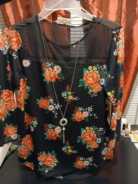 Black Blouse with Orange Rose Floral Print & Mesh Collar With Necklace